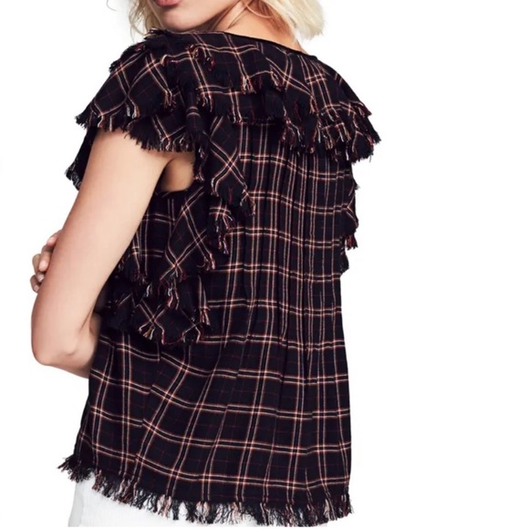 FAHERTY NWT YOSEPHA TOP HARPER PLAID BLACK RED SHORT SLEEVE XS RUFFLE - Picture 2 of 7